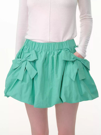 Ribbon Pocket Elastic Waist A-Line Flower Bud Skirt【s0000013796】