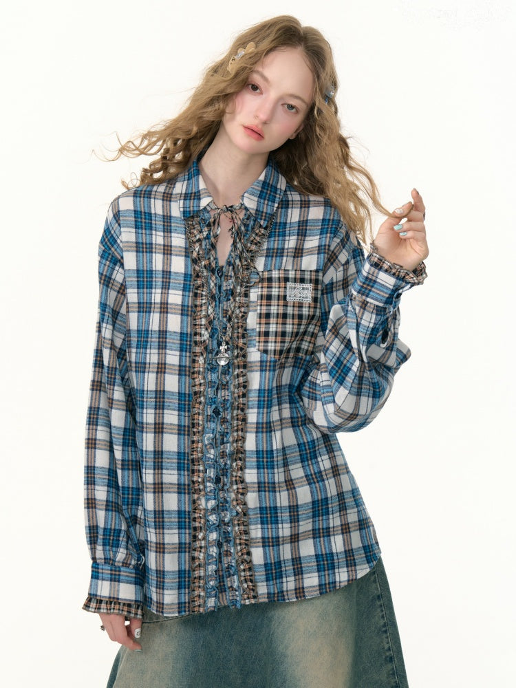 Ruffled Plaid Patch Pocket Shirt【s0000013797】