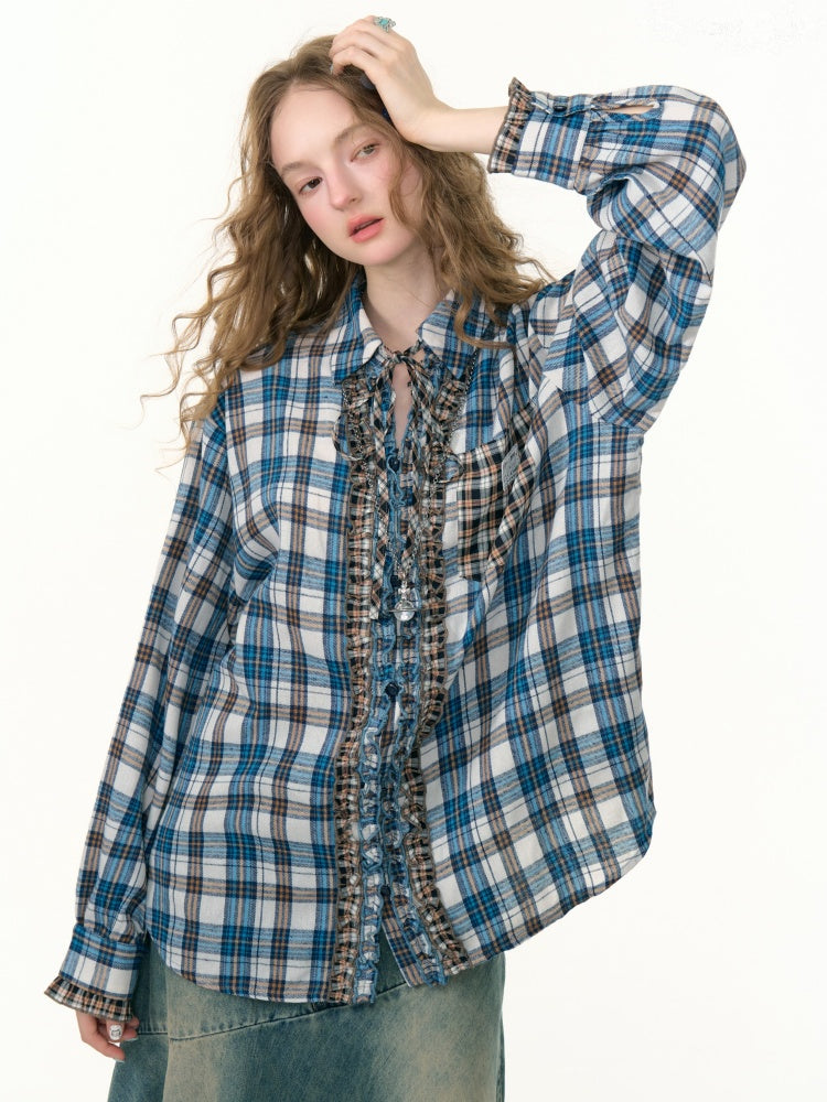 Ruffled Plaid Patch Pocket Shirt【s0000013797】