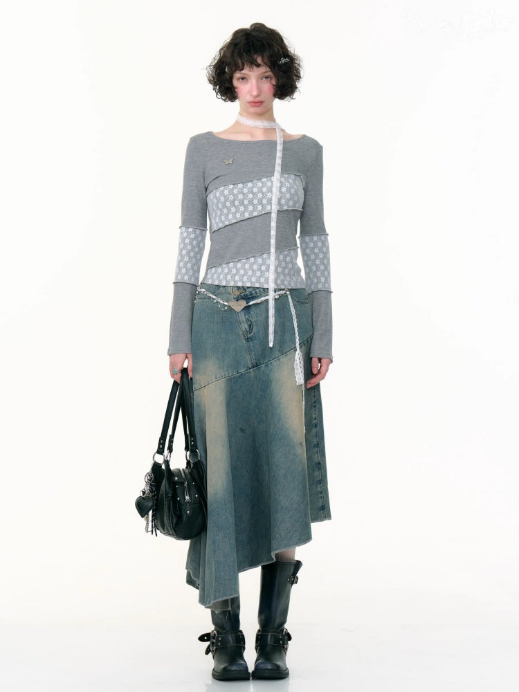 Irregular Hem High Waisted Mid-Length Denim Skirt【s0000013798】