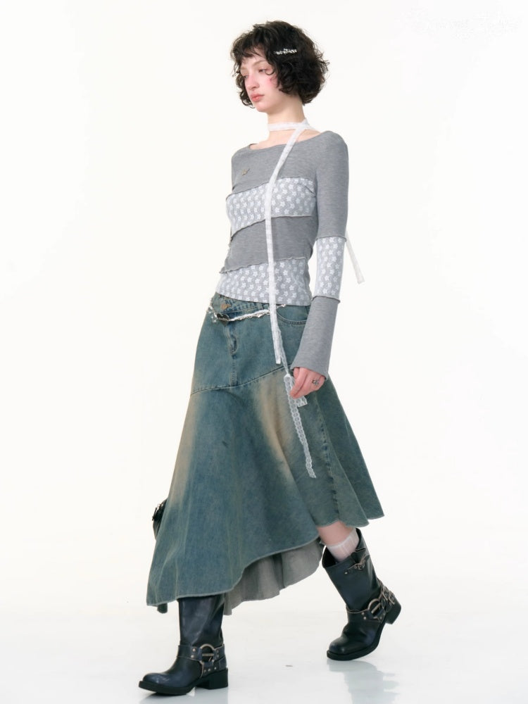 Irregular Hem High Waisted Mid-Length Denim Skirt【s0000013798】