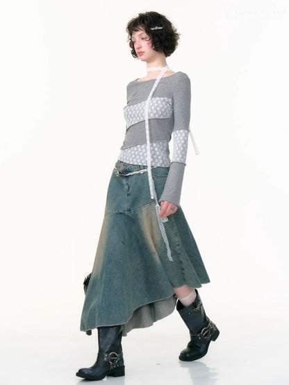 Irregular Hem High Waisted Mid-Length Denim Skirt【s0000013798】