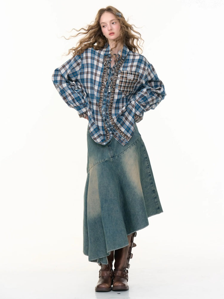 Irregular Hem High Waisted Mid-Length Denim Skirt【s0000013798】