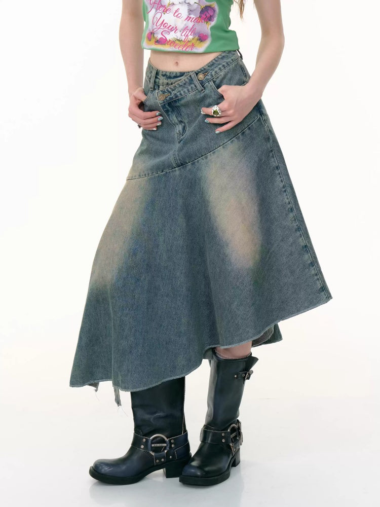 Irregular Hem High Waisted Mid-Length Denim Skirt【s0000013798】