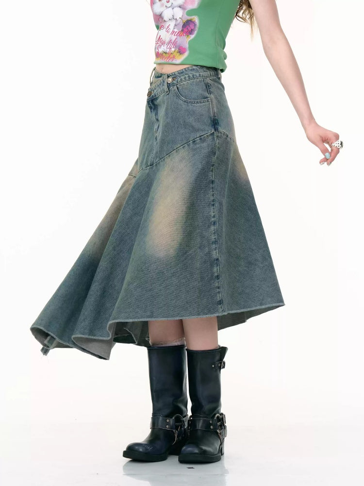 Irregular Hem High Waisted Mid-Length Denim Skirt【s0000013798】