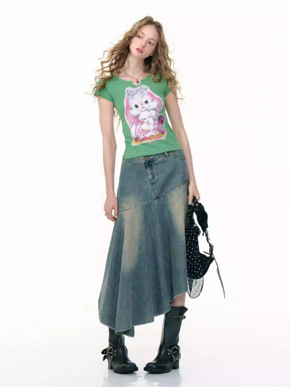 Irregular Hem High Waisted Mid-Length Denim Skirt【s0000013798】