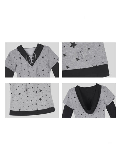 Star Faux Layered Hooded Lace-Up T-shirt【s0000013799】