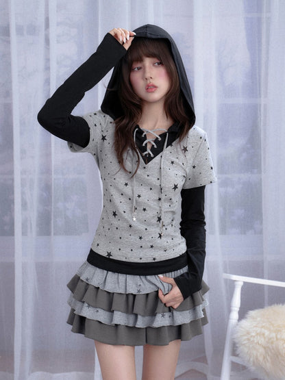 Star Faux Layered Hooded Lace-Up T-shirt【s0000013799】