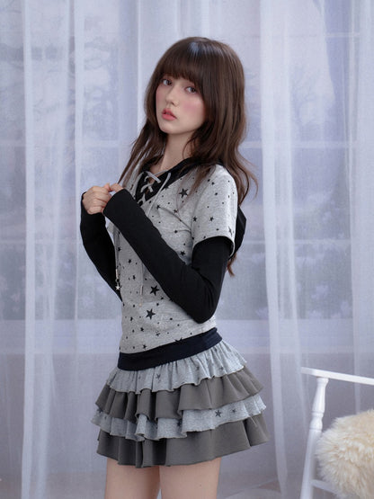 Star Faux Layered Hooded Lace-Up T-shirt【s0000013799】
