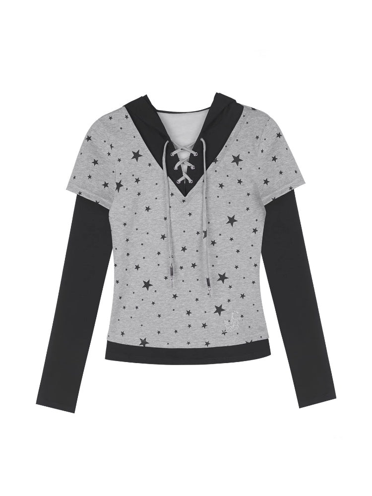 Star Faux Layered Hooded Lace-Up T-shirt【s0000013799】