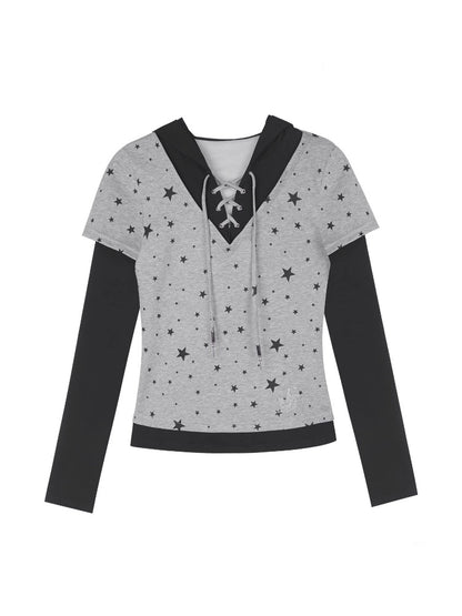 Star Faux Layered Hooded Lace-Up T-shirt【s0000013799】