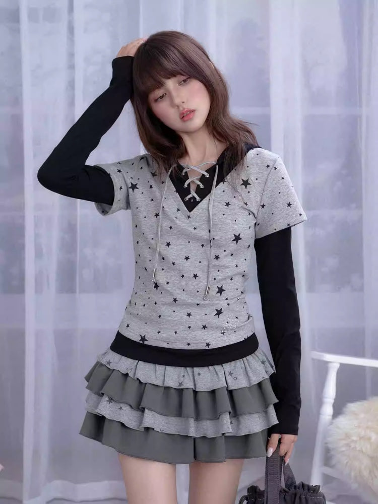 Star Faux Layered Hooded Lace-Up T-shirt【s0000013799】