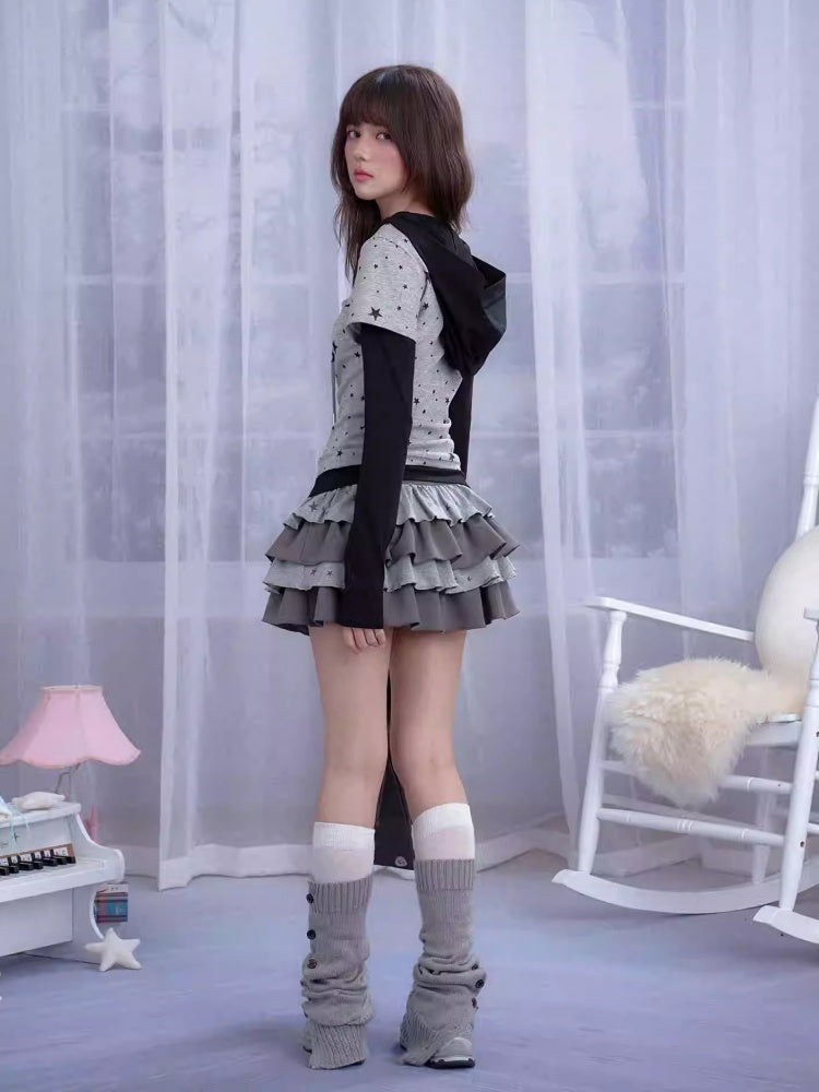 Star Faux Layered Hooded Lace-Up T-shirt【s0000013799】