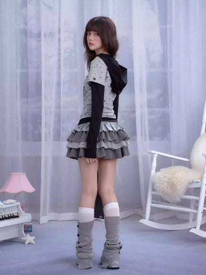 Star Faux Layered Hooded Lace-Up T-shirt【s0000013799】