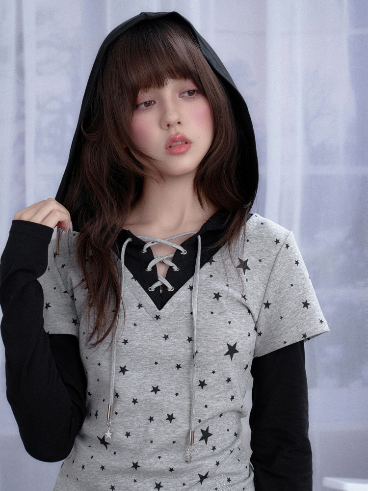Star Faux Layered Hooded Lace-Up T-shirt【s0000013799】
