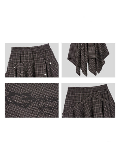 Plaid Print Metal Buckle Irregular Long Skirt【s0000013800】