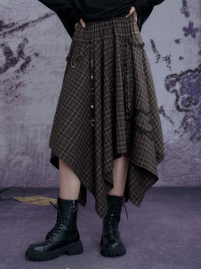 Plaid Print Metal Buckle Irregular Long Skirt【s0000013800】