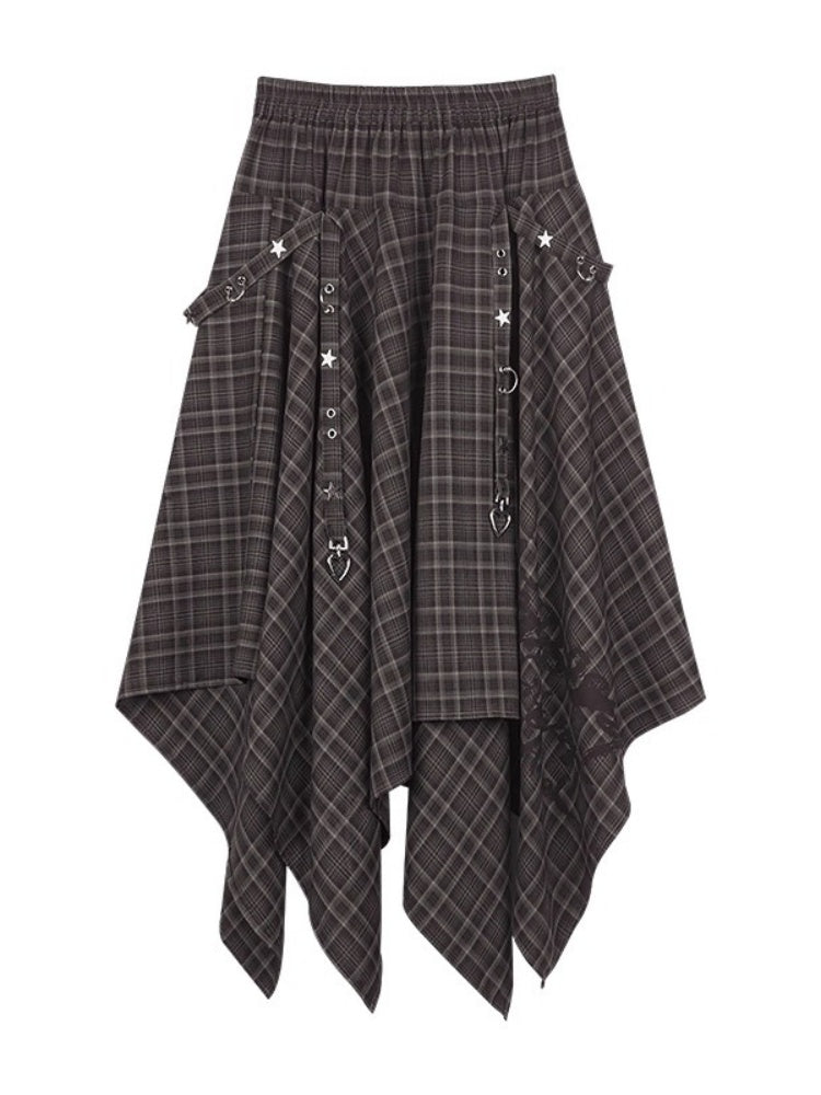 Plaid Print Metal Buckle Irregular Long Skirt【s0000013800】