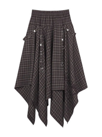 Plaid Print Metal Buckle Irregular Long Skirt【s0000013800】