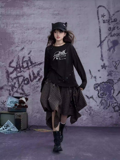 Plaid Print Metal Buckle Irregular Long Skirt【s0000013800】