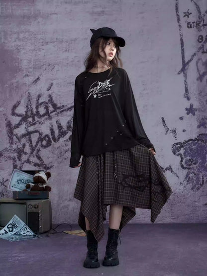 Plaid Print Metal Buckle Irregular Long Skirt【s0000013800】