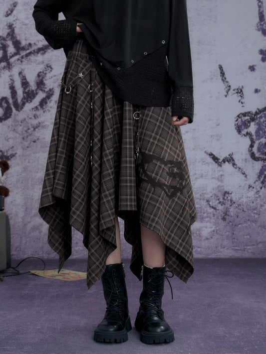 Plaid Print Metal Buckle Irregular Long Skirt【s0000013800】