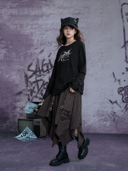 Plaid Print Metal Buckle Irregular Long Skirt【s0000013800】