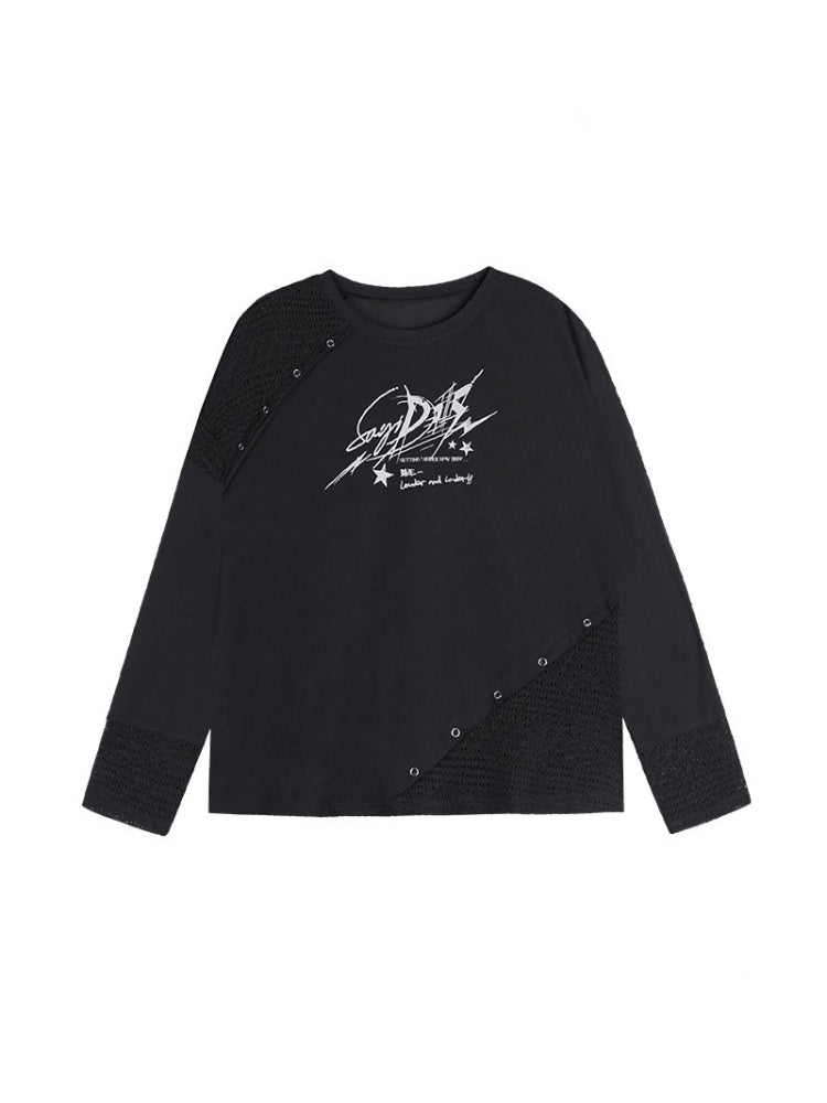Graphic Print Splicing Design Eyelet Long-Sleeved T-shirt【s0000013802】