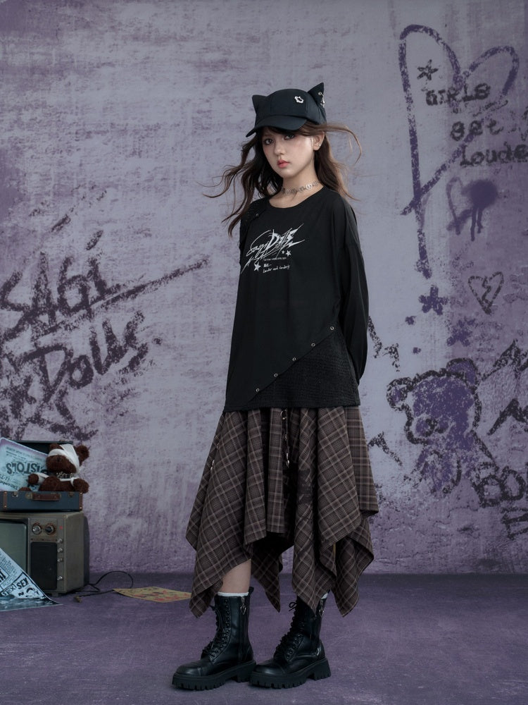 Graphic Print Splicing Design Eyelet Long-Sleeved T-shirt【s0000013802】