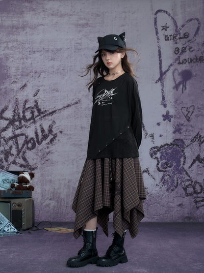 Graphic Print Splicing Design Eyelet Long-Sleeved T-shirt【s0000013802】
