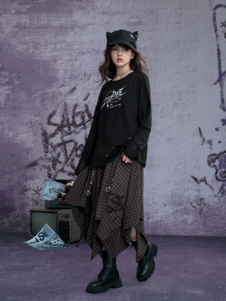 Graphic Print Splicing Design Eyelet Long-Sleeved T-shirt【s0000013802】