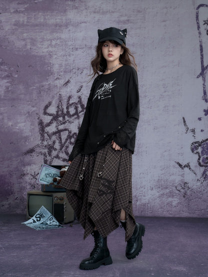 Graphic Print Splicing Design Eyelet Long-Sleeved T-shirt【s0000013802】