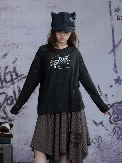 Graphic Print Splicing Design Eyelet Long-Sleeved T-shirt【s0000013802】