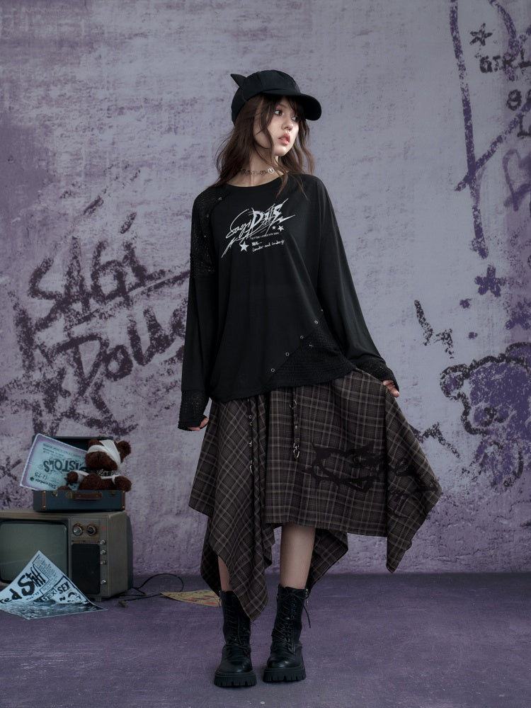 Graphic Print Splicing Design Eyelet Long-Sleeved T-shirt【s0000013802】