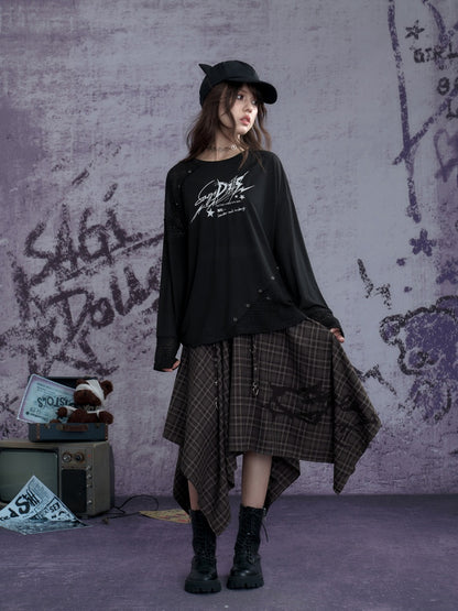Graphic Print Splicing Design Eyelet Long-Sleeved T-shirt【s0000013802】