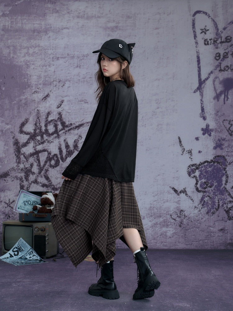 Graphic Print Splicing Design Eyelet Long-Sleeved T-shirt【s0000013802】