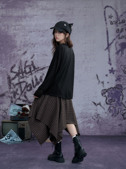 Graphic Print Splicing Design Eyelet Long-Sleeved T-shirt【s0000013802】
