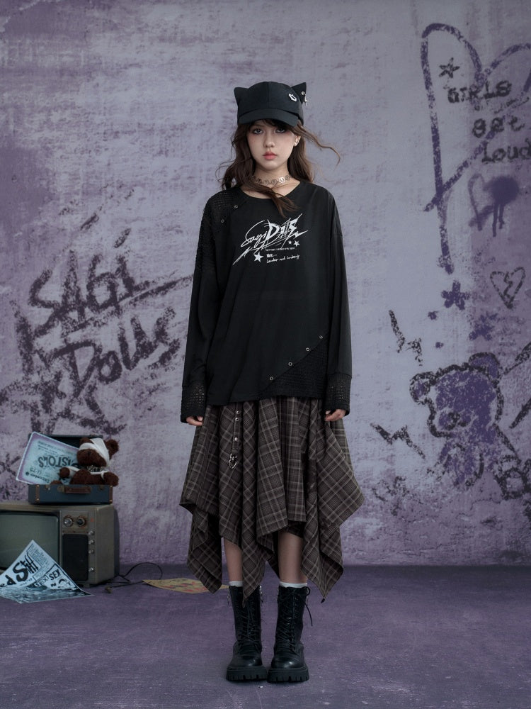 Graphic Print Splicing Design Eyelet Long-Sleeved T-shirt【s0000013802】