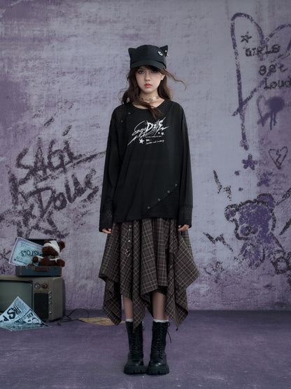 Graphic Print Splicing Design Eyelet Long-Sleeved T-shirt【s0000013802】