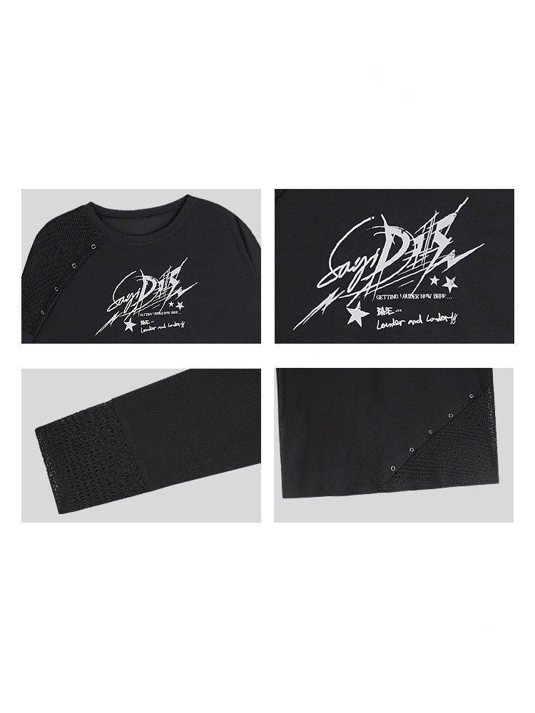 Graphic Print Splicing Design Eyelet Long-Sleeved T-shirt【s0000013802】