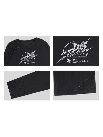 Graphic Print Splicing Design Eyelet Long-Sleeved T-shirt【s0000013802】