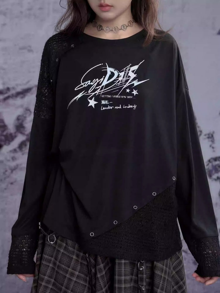 Graphic Print Splicing Design Eyelet Long-Sleeved T-shirt【s0000013802】