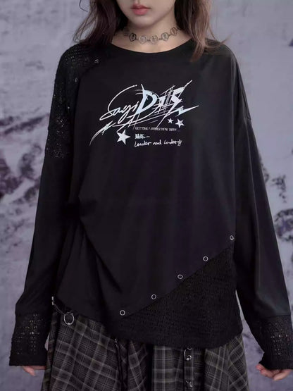 Graphic Print Splicing Design Eyelet Long-Sleeved T-shirt【s0000013802】