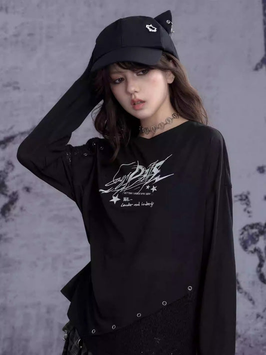 Graphic Print Splicing Design Eyelet Long-Sleeved T-shirt【s0000013802】