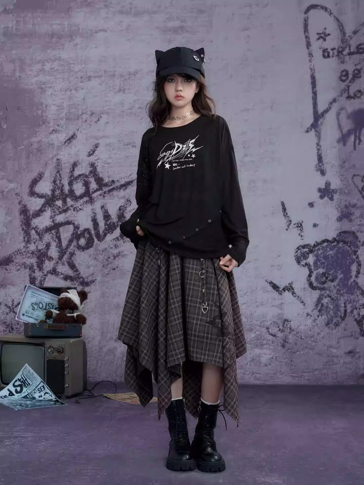 Graphic Print Splicing Design Eyelet Long-Sleeved T-shirt【s0000013802】