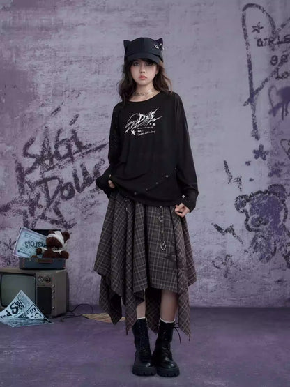Graphic Print Splicing Design Eyelet Long-Sleeved T-shirt【s0000013802】