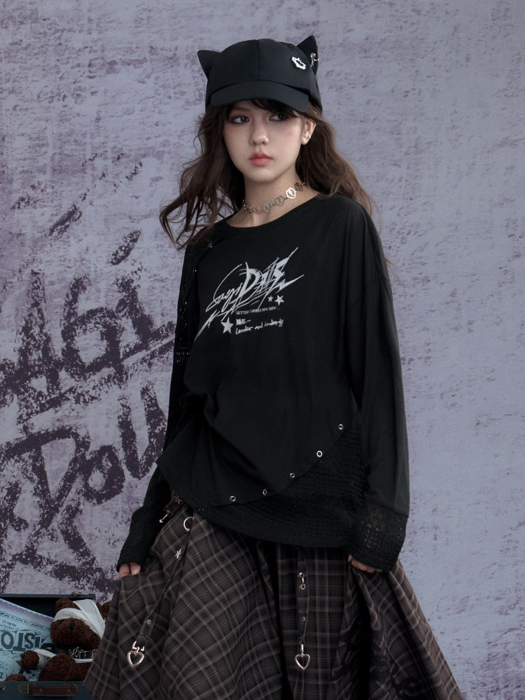 Graphic Print Splicing Design Eyelet Long-Sleeved T-shirt【s0000013802】