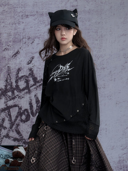 Graphic Print Splicing Design Eyelet Long-Sleeved T-shirt【s0000013802】
