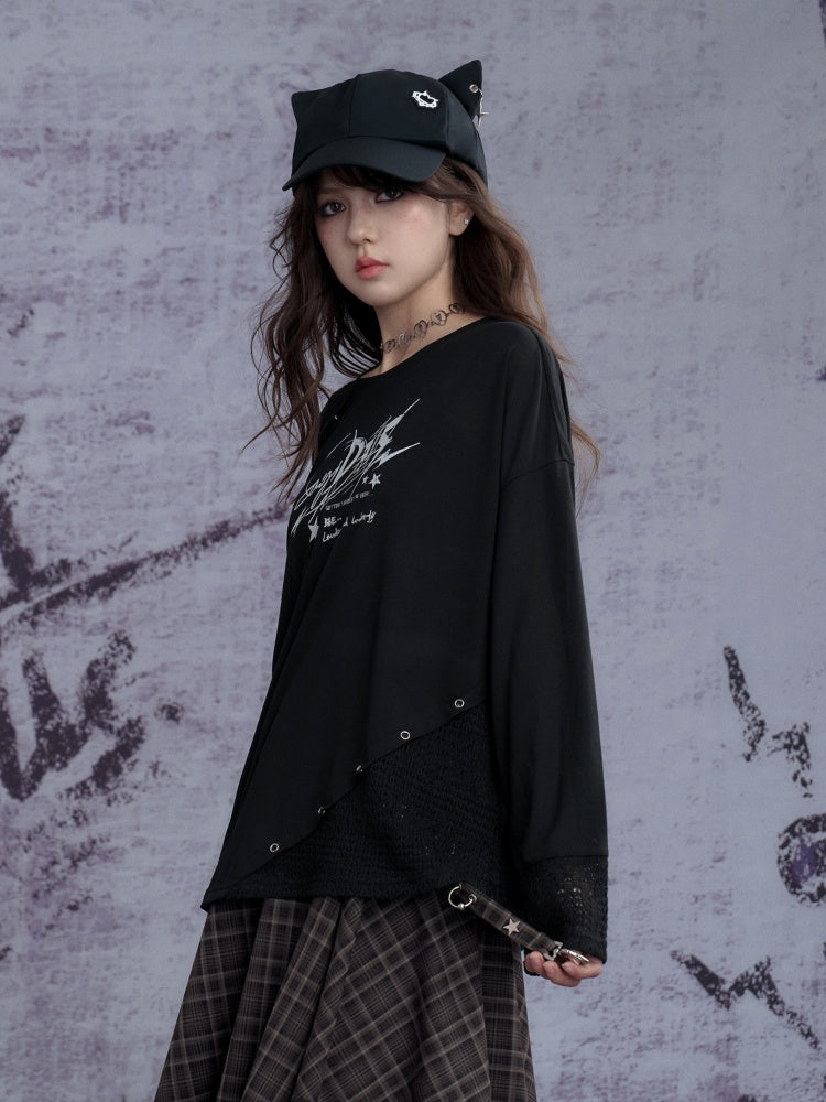 Graphic Print Splicing Design Eyelet Long-Sleeved T-shirt【s0000013802】