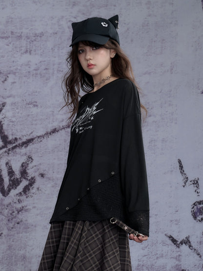 Graphic Print Splicing Design Eyelet Long-Sleeved T-shirt【s0000013802】